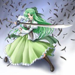  black_feathers commentary_request feathers female fia_(riviera) green_eyes green_hair half_updo image_sample katana long_hair md5_mismatch open_mouth pixiv_sample raochuu resolution_mismatch ribbon riviera solo source_larger sword very_long_hair weapon 