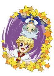  2boys ahoge animal_ears armor blonde_hair cape cat_ears cinque_izumi commentary_request dog_days fingerless_gloves gaul_galette_des_rois gloves green_eyes grey_hair grin jewelry male_focus multiple_boys open_mouth purple_eyes ring sky smile star_(sky) star_(symbol) starry_sky toosaka_reido white_background 