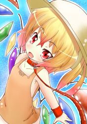  :d alternate_costume alternate_headwear armpits bad_id bad_pixiv_id bare_shoulders blonde_hair blue_background chains collar collarbone cuffs dress dutch_angle female flandre_scarlet flat_chest gradient_hair hair_between_eyes hat highres leash lolicon looking_at_viewer multicolored_hair oerba_yun_fang okuva open_mouth profile red_eyes short_dress short_hair side_ponytail smile solo touhou upper_body wings 