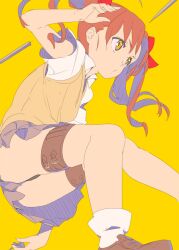  black_panties brown_hair commentary_request enkyo_yuuichirou female flat_color from_below hair_ribbon panties photoshop_(medium) ribbon shirai_kuroko skirt solo thigh_strap toaru_kagaku_no_railgun toaru_majutsu_no_index twintails underwear yellow_eyes 