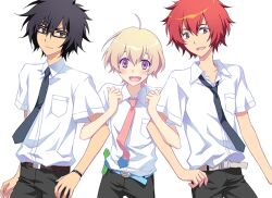  3boys ahoge black_eyes black_hair blonde_hair carnelian commentary_request glasses haru_(tsuritama) locked_arms male_focus multiple_boys necktie photoshop_(medium) purple_eyes red_hair sanada_yuki school_uniform tsuritama usami_natsuki 