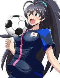  ball black_hair blue_eyes blush commentary_request female ganaha_hibiki hair_ribbon idolmaster idolmaster_(classic) japan jean-louis_(yuasa_rengou) long_hair looking_up oerba_yun_fang open_mouth photoshop_(medium) ponytail ribbon smile soccer_ball soccer_uniform solo sportswear telstar 