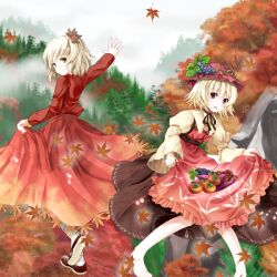  2girls aki_minoriko aki_shizuha bad_id bad_pixiv_id barefoot blonde_hair food fruit geso_(nekomachi) grapes hair_ornament hat leaf leaf_hair_ornament long_skirt long_sleeves maple_leaf multiple_girls persimmon photoshop_(medium) red_eyes short_hair siblings sisters skirt skirt_basket skirt_hold sweet_potato touhou tree wide_sleeves yellow_eyes 