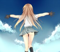  ass blonde_hair chinatsu_(jormungand) cloud commentary_request day facing_away female from_behind gloves jormungand_(manga) long_hair no_panties shiraume_(hakubaian) skirt sky solo 