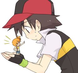  1boy ^^^ baseball_cap brown_hair chibi female fingerless_gloves gloves hat in_palm kasumi_(pokemon) lowres mini_person minigirl ochappa orange_hair pokemon pokemon_(anime) satoshi_(pokemon) short_hair shorts suspenders 