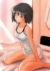  amagami bare_shoulders bed black_hair blush breasts brown_hair cleavage commentary_request female medium_breasts messy_hair murasaki_iro nanasaki_ai short_hair shorts sitting solo tan tank_top tanlines wariza 