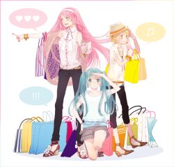  3girls aqua_eyes aqua_hair bad_id bad_pixiv_id bag belt blonde_hair bracelet hat hatsune_miku jewelry kagamine_rin long_hair megurine_luka multiple_girls pink_hair pointing twintails vocaloid yellow_eyes yua_(tick-tack) 