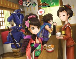  2girls 3boys ^_^ anifei armor bags_under_eyes bowl brown_hair bucket chopsticks closed_eyes eating food gameplay_mechanics hair_ornament heart indoors japanese_armor japanese_clothes kimono kisuke kote kusazuri mask momohime multiple_boys multiple_girls ninja o_o obi oboro_muramasa photoshop_(medium) rice sash scarf shoulder_armor sitting smile sode spoken_heart standing sword tengu_mask weapon 