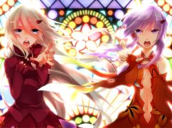  2girls :o ahoge bare_shoulders blonde_hair blue_eyes braid breasts center_opening collar collarbone commentary_request cosplay cowboy_shot dress fingerless_gloves floating_hair frills gloves guilty_crown hair_between_eyes hair_ornament hairclip hand_on_own_chest ia_(vocaloid) koyubi_right long_hair looking_at_viewer multiple_girls navel open_mouth outstretched_hand photoshop_(medium) pose purple_eyes purple_hair red_dress red_gloves round_teeth short_hair_with_long_locks single_braid small_breasts stained_glass stomach symmetrical_pose teeth tsurime v-shaped_eyebrows very_long_hair vocaloid voiceroid wind yuzuki_yukari yuzuriha_inori yuzuriha_inori_(cosplay) 