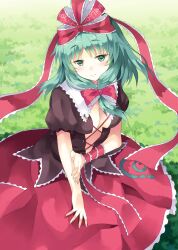  blush bow breasts cleavage commentary_request dressing female front_ponytail green_eyes green_hair hairbow highres kagiyama_hina looking_at_viewer medium_breasts rasahan ribbon smile solo touhou 