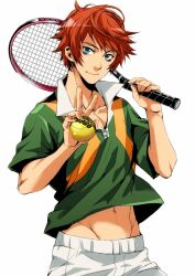  1boy ball blue_eyes commentary_request male_focus navel orange_hair racket sengoku_kiyosumi smile solo tennis_ball tennis_no_ouji-sama tennis_racket v yamada_3 