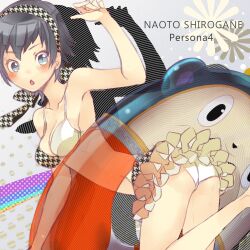  ass bikini black_hair blush breasts cleavage commentary_request female gin_(oyoyo) grey_eyes innertube kuma_(persona_4) medium_breasts persona persona_4 shirogane_naoto short_hair swim_ring swimsuit 