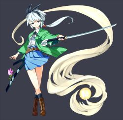  aged_up alternate_costume alternate_hairstyle belt black_hairband blue_eyes boots commentary_request cross-laced_footwear female full_body ghost hairband hitodama katana konpaku_youmu konpaku_youmu_(ghost) lace-up_boots ponytail scabbard semidou_jun sheath short_hair simple_background skirt smile solo sword touhou weapon white_hair 