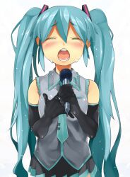  aqua_hair bad_id bad_pixiv_id closed_eyes elbow_gloves female gloves hatsune_miku highres long_hair microphone necktie nishimuku_meri open_mouth simple_background skirt solo twintails very_long_hair vocaloid white_background 