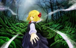  bad_id bad_pixiv_id blonde_hair cervus female forest hair_ribbon long_sleeves nature outstretched_arms red_eyes ribbon rumia short_hair smile solo touhou 