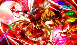  bad_id bad_pixiv_id blonde_hair bow crystal female flandre_scarlet fumiko_(miruyuana) hairbow laevatein_(touhou) moon puffy_sleeves red_eyes red_moon short_hair short_sleeves side_ponytail solo touhou weapon wings wrist_cuffs 