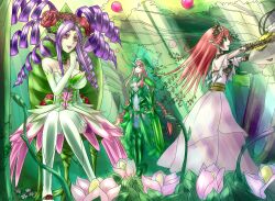  3girls braid braided_hair breasts cardfight!!_vanguard cleavage dress drill_hair flower forerunner_battle_maiden_laurel frontline_valkyrie_laurel green_eyes hair_ornament hair_ornaments long_hair maiden_of_blossom_rain maiden_of_trailing_rose multiple_girls neo_nectar orange_eyes pink_hair pointy_ears purple_hair red_eyes red_hair sukumo_(kemutai) thighhighs 