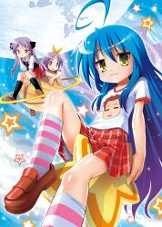  3girls :3 blue_hair commentary_request cover cover_page doujin_cover full_moon hair_ribbon hiiragi_kagami hiiragi_tsukasa izumi_konata long_hair lucky_star moon multiple_girls photoshop_(medium) plaid plaid_skirt purple_eyes purple_hair ribbon saturn_(planet) school_uniform shirt siblings sisters skirt socks star_(symbol) striped_clothes striped_socks t-shirt twins twintails yellow_eyes zless 