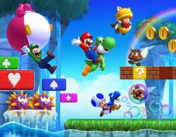  3d 4boys facial_hair gloves goomba hat looking_at_viewer luigi male male_focus mario mario_(series) moustache multiple_boys new_super_mario_bros. new_super_mario_bros._u official_art overalls rainbow smile super_mario_bros. toad toad_(mario) wings yoshi 