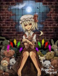  blonde_hair broken_wall commentary_request crystal fangs female flandre_scarlet full_moon hat hat_ribbon indoors moon night oerba_yun_fang open_mouth puffy_sleeves red_eyes ribbon short_hair short_sleeves side_ponytail sitting smile solo stuffed_animal stuffed_toy teddy_bear touhou tsuizi wings 