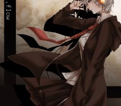  .flow coat commentary copyright_name dark female hand_in_pocket headphones necktie olmatown sabitsuki shadow silver_hair skirt solo symbol-only_commentary 