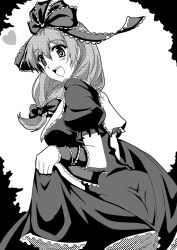  arm_ribbon bow commentary_request female front_ponytail greyscale hair_ornament hair_ribbon hairbow happy heart kagiyama_hina long_hair monochrome open_mouth ribbon short_sleeves skirt_hold smile solo standing touhou yonpachi 