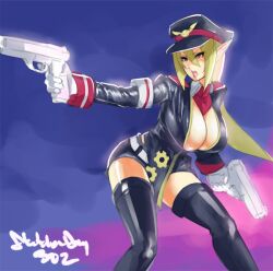  black_hat black_thighhighs blonde_hair breasts cleavage colorized disgaea dual_wielding eu03 female gun handgun hat holding huge_breasts leaning_forward legs long_hair makai_senki_disgaea_3 peaked_cap photoshop_(medium) pointy_ears salvatore_(disgaea) solo thighhighs thighs very_long_hair weapon yellow_eyes zettai_ryouiki 