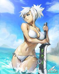  absurdres artist_name bikini blue_eyes breasts cloud commentary_request day female highres league_of_legends medium_breasts navel ocean oz_(gerbera7) photoshop_(medium) riven_(league_of_legends) side-tie_bikini_bottom sky solo swimsuit water white_bikini white_hair 