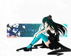  akiyama_mio ankle_strap aqua_thighhighs back_bow black_bow black_dress black_footwear black_hair blue_thighhighs blush bow breasts commentary commentary_typo don&#039;t_say_&quot;lazy&quot; dress elbow_gloves female fingerless_gloves flower gloves hat hat_flower high_heels hime_cut k-on! knees_up kosakura leaf long_hair maple_leaf medium_breasts mini_hat mini_top_hat mixed-language_commentary music musical_note painttool_sai_(medium) photoshop_(medium) sash sheet_music shoes sideways_glance solo spanish_commentary strapless strapless_dress striped thighhighs top_hat white_background 