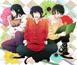  3boys black_hair blue_eyes braid closed_eyes fruit_tree green_eyes hibiki_ryoga hibiki_ryouga long_hair male male_focus mousse mousse_(ranma_1/2) multiple_boys open_mouth ranma_1/2 saotome_ranma short_hair single_braid 