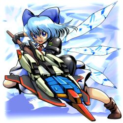  adapted_costume advent_cirno alternate_weapon blue_eyes blue_hair bow cirno commentary_request detached_wings female gundam hairbow ice ice_wings matirine open_mouth short_hair solo stance touhou wave_rider weapon wings zeta_gundam zeta_gundam_(mobile_suit) 