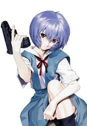  ayanami_rei bad_id bad_link blue_hair female gun handgun highres holding holding_gun holding_weapon neon_genesis_evangelion official_art pale_skin red_eyes sadamoto_yoshiyuki school_uniform short_hair simple_background solo tokyo-3_middle_school_uniform trigger_discipline walther walther_p99 weapon white_background 