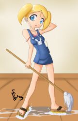  blonde_hair blue_eyes brushes bubbles_(ppg) cute jumper mop powerpuff_girls sandals twintails walkman xenokurisu 