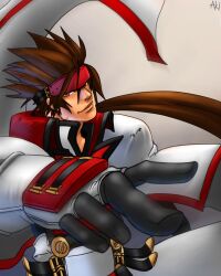  1boy brown_hair gloves guilty_gear headband kyousakee male_focus order-sol photoshop_(medium) red_eyes sol_badguy solo spiked_helmet uniform 