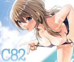  ahoge blue_eyes blush breasts brown_hair cleavage cloud commentary_request day female large_breasts long_hair lowres musha_sabu one-piece_swimsuit open_mouth original photoshop_(medium) sky solo swimsuit undressing wet 