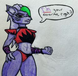  2021 absurd_res anthro canid canine canis claws clothed clothing dialogue english_text female five_nights_at_freddy&#039;s five_nights_at_freddy&#039;s:_security_breach fur green_claws green_hair hair hi_res iwondery looking_at_viewer mammal piercing purple_body purple_fur purple_hair question_mark red_clothing roxanne_wolf scottgames skimpy solo steel_wool_studios talking_to_viewer text traditional_media_(artwork) wolf yellow_eyes 