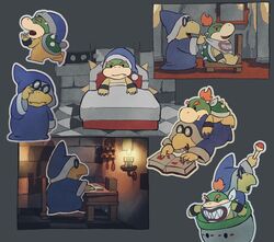  2020 anthro bed book bowser_jr. clothing clown duo eyewear furniture glasses hat headgear headwear kamek koopa koopa_clown_car magikoopa male mario_bros nintendo paper_mario reading rfufvas3phbxkxa robe scalie sitting tired 