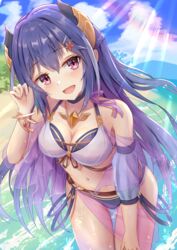  :d bad_id bad_pixiv_id bare_shoulders beach bikini blue_hair bracelet braid breasts cleavage commentary_request cowboy_shot curled_fingers day demon_girl demon_horns detached_sleeves dot_nose eyelashes female flower front-tie_bikini_top front-tie_top hair_between_eyes hair_flower hair_ornament halterneck hand_up highres horns i_tamima jewelry layered_bikini leaning_forward long_hair looking_at_viewer medium_breasts navel necklace o-ring o-ring_bikini open_mouth outdoors pink_eyes princess_connect! rei_(princess_connect!) rei_(summer)_(princess_connect!) sand see-through see-through_skirt see-through_sleeves skirt smile solo sunlight swimsuit thigh_gap water wet 