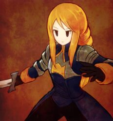  agrias_oaks armor black_gloves blonde_hair blue_eyes braid braided_ponytail brown_background female final_fantasy final_fantasy_tactics gloves holding holding_sword holding_weapon light_frown long_hair long_sleeves no_nose official_style parody shoulder_armor single_braid solo style_parody suta_(clusta) sword tsurime weapon yoshida_akihiko_(style) 