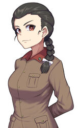  arms_behind_back bad_id bad_pixiv_id black_hair braid braided_ponytail breast_pocket breasts brown_eyes chi-hatan_military_uniform cowboy_shot female girls_und_panzer hair_ribbon highres light_smile long_hair looking_at_viewer medium_breasts pocket ribbon smile solo tamada_tamaki white_background white_ribbon yougata 