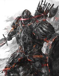  armor belt breastplate dark_souls_(series) dark_souls_ii embers eye_trail full_armor helmet highres holding holding_shield holding_sword holding_weapon light_trail male_focus pauldrons quiver shield shimhaq shoulder_armor signature solo sword the_pursuer weapon 