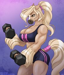  accessory anthro arm_tuft athletic athletic_female athletic_wear big_breasts blonde_hair bodily_fluids bottomwear bra breasts cleavage clothed clothing dumbbell equid equine exercise eyelashes female fur gym_bottomwear gym_shorts hair hair_accessory hair_tie horse mammal muscular muscular_anthro muscular_female nim-nim ponytail scarlett_(elusivejackal) shorts smile solo sports_bra sweat sweaty_arms sweaty_legs sweaty_thighs tan_body tan_fur tuft underwear weightlifting weights workout wrist_tuft yellow_eyes 