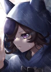  brown_hair commentary_request female hair_over_one_eye hat_over_one_eye highres hinamayo hood hood_up horse_girl horse_hood light_particles long_sleeves looking_away parted_lips portrait purple_eyes rain raincoat rice_shower_(umamusume) solo twitter_username umamusume 