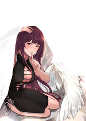  absurdres angel_wings bed black_dress blush breasts cleavage closed_mouth cross-laced_slit dress feathered_wings female finger_to_mouth girls&#039;_frontline hand_on_own_head highres ladder_cutout long_hair looking_at_viewer lying medium_breasts on_side purple_hair red_eyes solo stigmamyu wa2000_(girls&#039;_frontline) white_background wings 