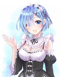  :d black_ribbon blue_eyes blue_hair blush breasts chii_(sbshop) cleavage commentary detached_sleeves dress eyes_visible_through_hair female frills hair_ornament hair_over_one_eye hair_ribbon highres large_breasts looking_at_viewer maid maid_headdress open_mouth purple_ribbon re:zero_kara_hajimeru_isekai_seikatsu rem_(re:zero) ribbon roswaal_mansion_maid_uniform short_hair simple_background smile solo white_background x_hair_ornament 