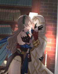  1boy absurdres cloak closed_eyes corrin_(female)_(fire_emblem) corrin_(female)_(resplendent)_(fire_emblem) corrin_(fire_emblem) couple faceless faceless_male female fire_emblem fire_emblem_fates fire_emblem_heroes hands_on_another&#039;s_face highres hood hood_up hooded_cloak kiran_(fire_emblem) kiran_(male)_(fire_emblem) kissing official_alternate_costume peli_cantaro pointy_ears straight wing_cape 