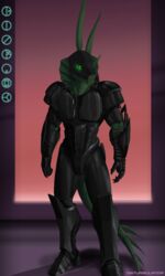  3:5 absurd_res anthro armor biomechanical bionicle boots clothing dizrahk dizrahk_(artist) footwear full-length_portrait gauntlets gloves green_body green_eyes green_skin handwear hi_res hood lego lizard long_tail male metal portrait rahkshi reptile scalie solo spines suit synthetic tail text 