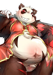  2011 anthro bear belly black_body black_fur blush chiro_(artist) fanfan fur giant_panda kemono male mammal overweight overweight_anthro overweight_male red_body red_eyes red_fur simple_background solo white_background white_body white_fur 