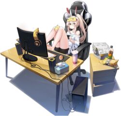  ahoge ayanami_(azur_lane) ayanami_(off-duty_battle_station_gear)_(azur_lane) azur_lane barefoot chair chips_(food) computer computer_keyboard computer_mouse drink eyewear_on_head female food gaming_chair hair_between_eyes headgear headphones highres indoors long_hair looking_at_viewer manjuu_(azur_lane) off_shoulder official_alternate_costume official_art ootsuki_momiji orange_eyes paw_print platinum_blonde_hair playing_games ponytail short_shorts shorts sitting swivel_chair transparent_background 