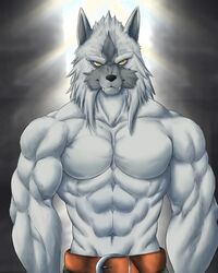  2022 abs absurd_res anthro belt biceps biped black_nose bottomwear canid canine canis chibikoma clothed clothing digital_drawing_(artwork) digital_media_(artwork) fangs fur grey_face hair half-length_portrait hi_res male mammal muscular muscular_anthro muscular_male pecs portrait sega shining_(sega) shining_force solo teeth topless topless_anthro topless_male white_body white_fur white_hair wolf yellow_body yellow_eyes yellow_fur zylo_(shining) 